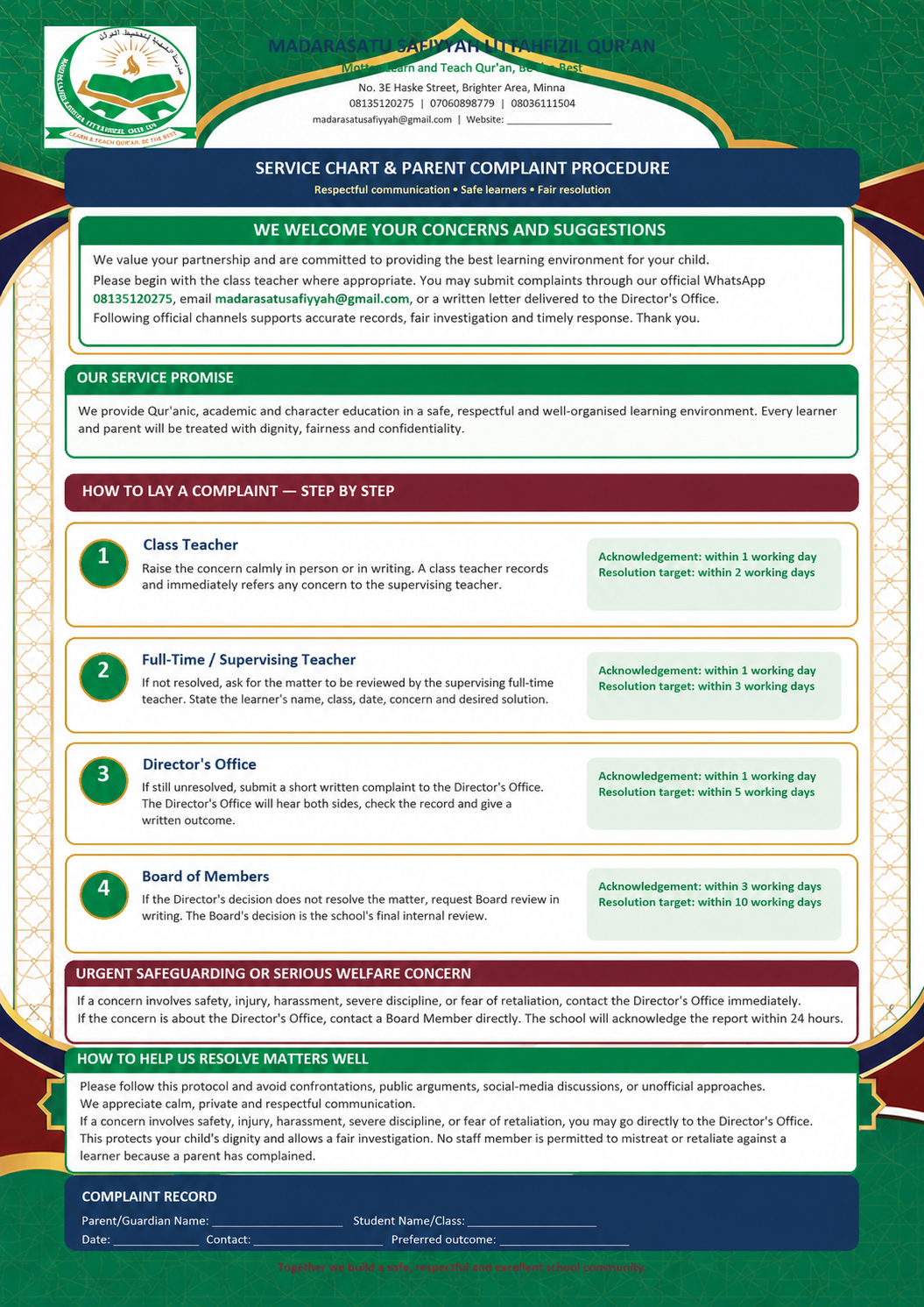 Madarasatu Safiyyah professional service charter